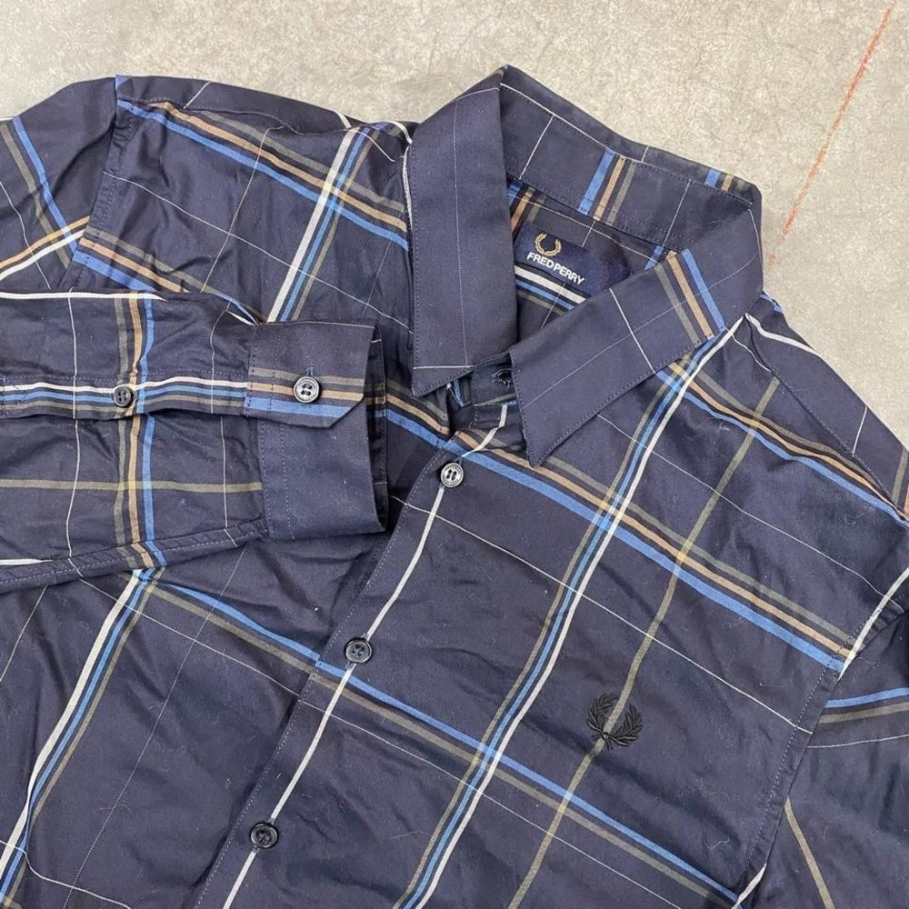 Fred Perry Navy Plaid Button Down Long Sleeve Casual‎ Shirt Men's M